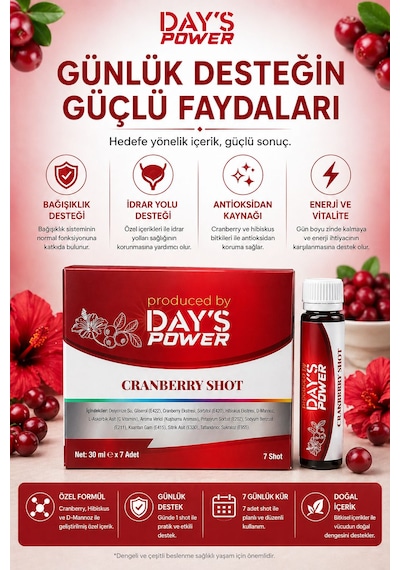 Day S Power Cranberry Shot 7 Adet - D-mannose & Hibiskus & Vitamin C Destekli