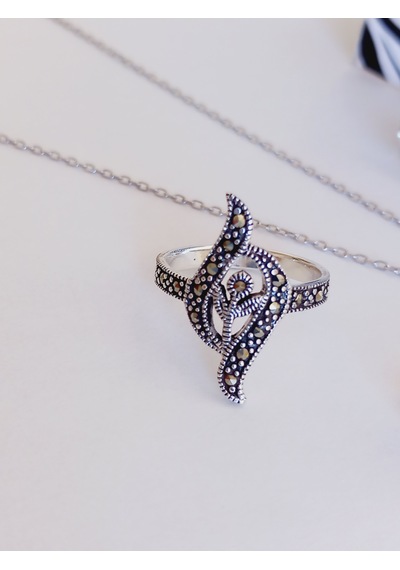 Gümüş Markazit Taşlı Lale Şans Tasarım Kolye Küpe Yüzük Kadın Set