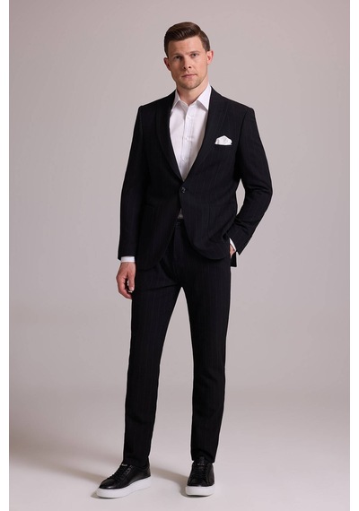 Erkek Siyah Slim Fit Çizgili Tek Düğmeli Jogger Pantolonlu Takım