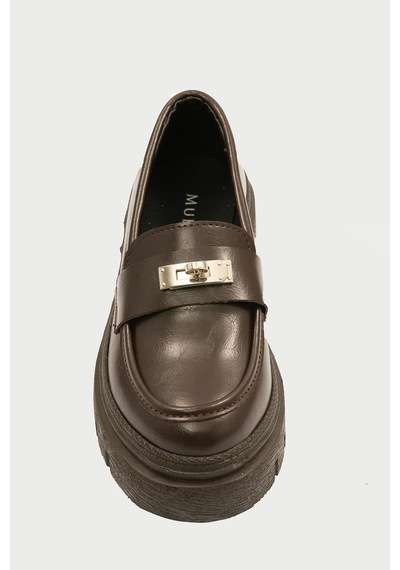 Kadın Deri Loafer Kalın Comfort Tabanlı Metal Tokalı Kahve Vareen Kahverengi