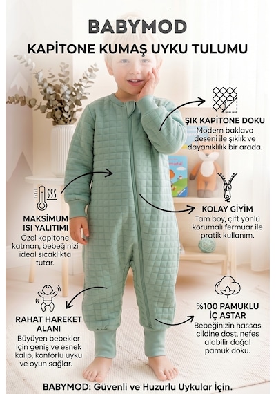 Babymod Mevsimlik Kapitone 1.5 Tog Çocuk Uyku Tulumu Uyku Gurusu %100 Pamuk Kumaş Yeşil