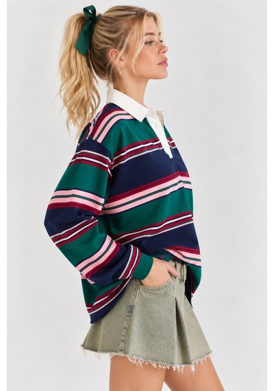 Mevese Oversize Polo Yaka Çizgili Kadın Sweatshirt - Lacivert-yeşil Lacivert - Yeşil Mevese Oversize Polo Yaka Çizgili Kadın Sweatshirt - Lacivert-yeşil Lacivert - Yeşil