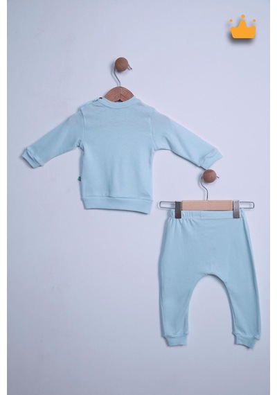 Babyhola Kız Erkek Bebek Çocuk Takım Pamuk Düğmeli Alt Üst Takım 23631 Mavi