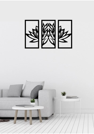 Lotus Çiçeği Figürlü Üç Parçalı Dekoratif Duvar Süsü