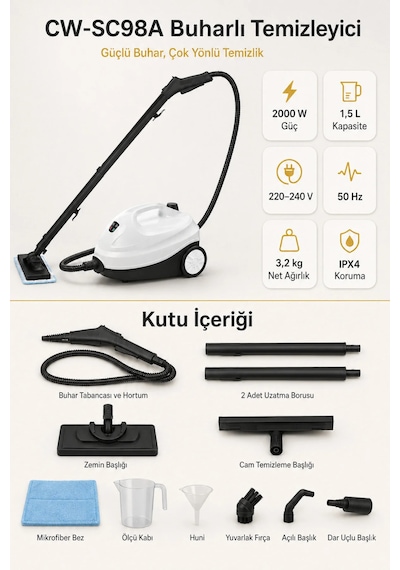 Cawun CW-SC98A2000 W Çok Fonksiyonlu Buharlı Temizlik Makinesi