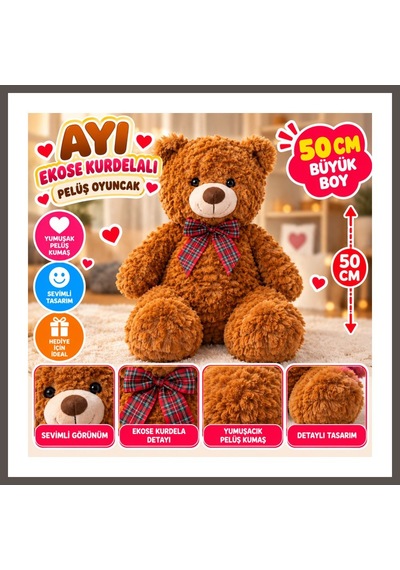 Bezos Pl50243 50 Cm Ayı Ekose Kurdelalı Peluş Oyuncak Nxrlvng Çok Renkli