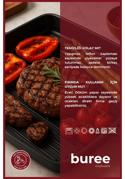 Buree Dikdörtgen Teflon Kaplamalı Izgara Döküm Tava - 26 X 32 Cm Tanımsız