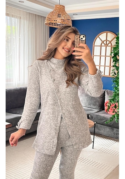 Buğrahayalin Kadın Uzun Kollu Balıkçı Yaka Önden Düğmeli Bluz Ve Pantolon Yumoş Ikili Takım Gri