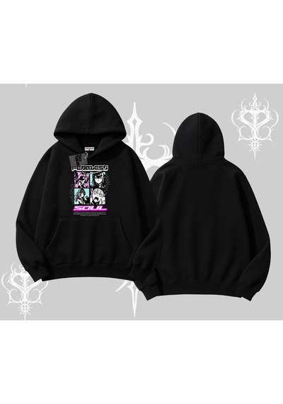 Startmore Kapşonlu Sweatshirt Fearless Soul Anime Kolaj Baskılı Siyah