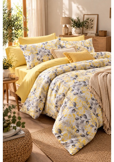 Lastikli Çarşaflı Çift Kişilik Nevresim Takımı Lemon Sarı Sarı Füme