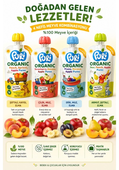 Organic %100 Organik Meyve Püresi Şeftali - Kayısı - Elma 100 G İlave Şekersiz