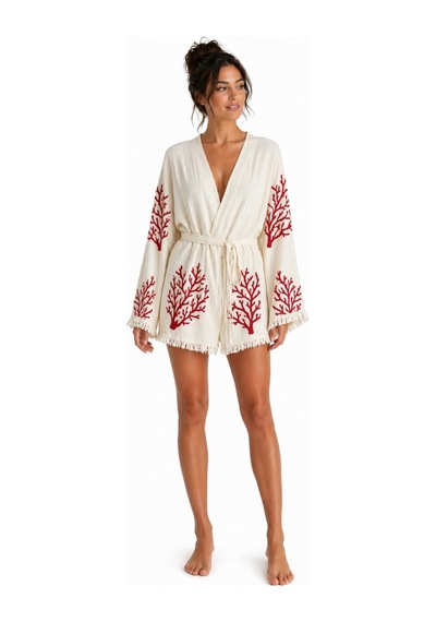 Mulberry Sedna Kadın Ekru Müslin Kimono Bornoz Kuşaklı, Püskül Detaylı, Oversize Rahat Kesim Plaj & Ev Giyim Kırmızı