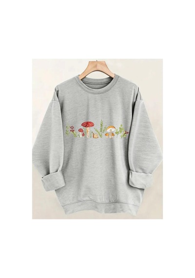 Herkesemoda Mantarlar Baskılıı Bisiklet Yaka İçi Polarlı Sweatshirt Gri