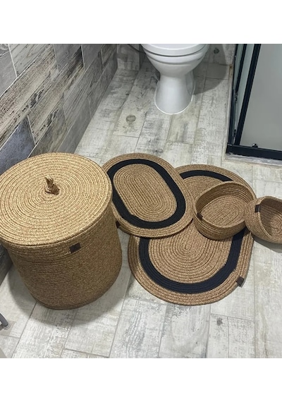 Jüt Hasır 5li Banyo Seti - Siyah Çizgili Siyah