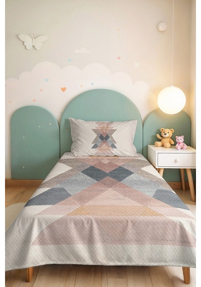 Geometrik Bej Modern Genç Odası Tek Kişilik Pike Takımı - Pudra Gri 160x220 Cm Kapitone Yatak Örtüsü Bordo