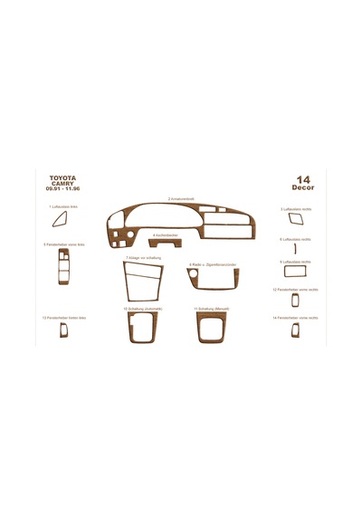 Toyota Camry Torpido Kaplama 1991-1997 14 Parça Açık Meşe