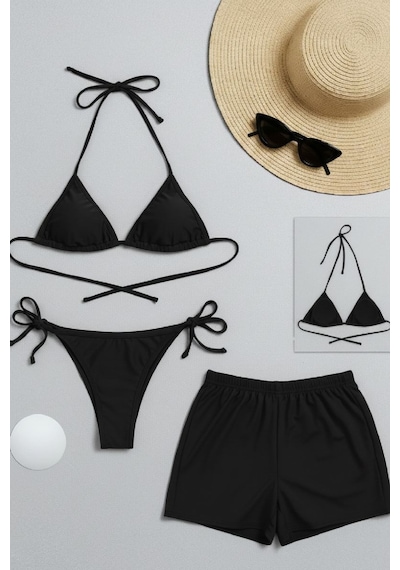 Kadın 3'lü Set Siyah Şortlu Ve Yandan Bağlamalı Bikini Mayo Takımı
