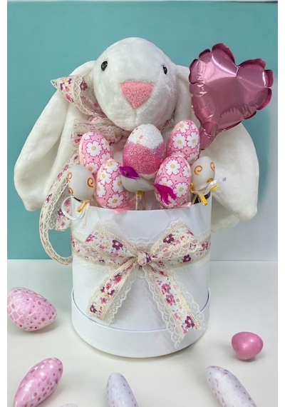 Sole Premium Paskalya Temalı 45 Cm Beyaz Bunny Tavşan Hediye Kutusu - Dekoratif Yumurta Ve Kalp Balon Detaylı Beyaz