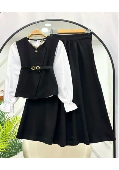 Lovie Moda Kadın Çapraz Düğmeli Etekli Takım Siyah