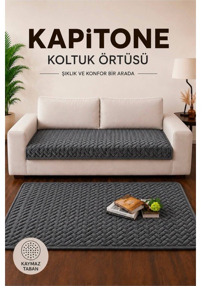 Tek Parça Kaymaz Taban Kapitone Koltuk Örtüsü Çekyat Kanepe Örtüsü 90x200 Füme Füme