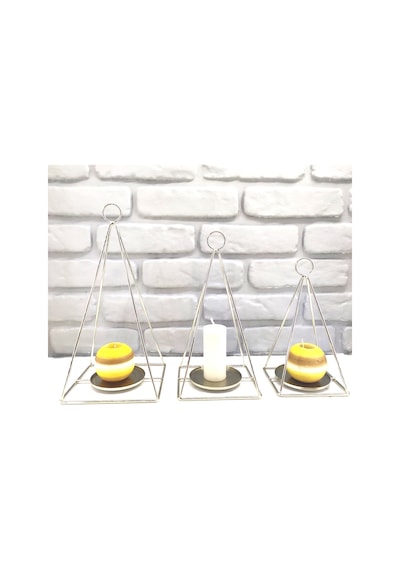 Gold / Gümüş Kaplama Dekoratif Modern Piramit Dizayn 3lü Mumluk Gold