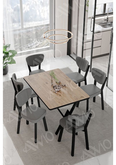Avvio Elma Sandalye 80x140 Yemek Masası Mutfak Masası 6 Kişilik Masa Sandalye Takım Akça