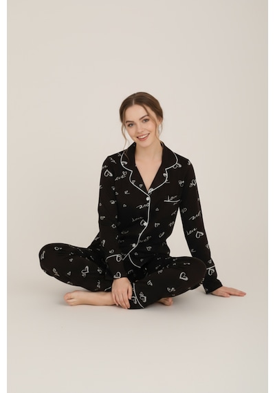 Luxury Viscose Siyah Love Ve Kalp Desenli Kadın Uzun Kollu Pijama Takımı 42572 Antrasit