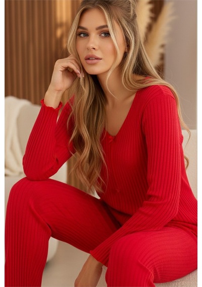 Siyah İnci Fitilli Kaşkorse Uzun Kollu Pijama Takım 7937 Kırmızı
