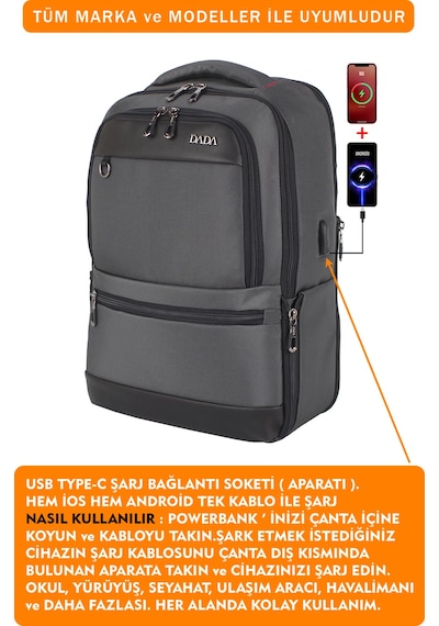 14"-15,6" İnç Körüklü Gri Laptop Sırt Çantası Unisex Su Geçirmez Kumaş Gri