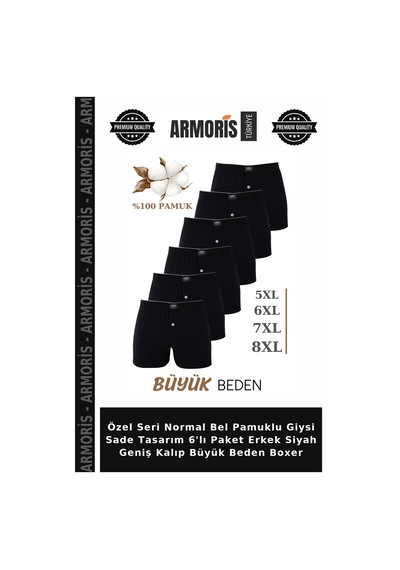 Armoris Özel Seri Normal Bel Pamuklu Giysi Sade Tasarım 6'lı Paket Erkek Siyah Geniş Kalıp Büyük Beden Boxer Siyah-6