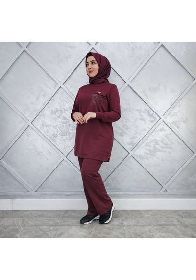 Esra Butik78 Bordo Taş Detaylı Tesettür Tunik Pantolon İkili Takım Günlük Spor Şık Kombin