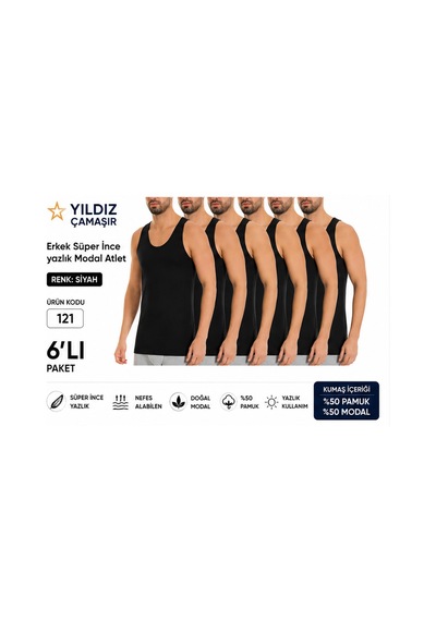 Yıldız Çamaşır Erkek Yazlık Süper İnce Modal Atlet 120-121 - 6 Adet Siyah