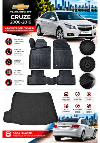 Chevrolet Cruze 2011 Model Sedan Havuzlu Paspas Takımı + Bagaj Havuzu -modx-