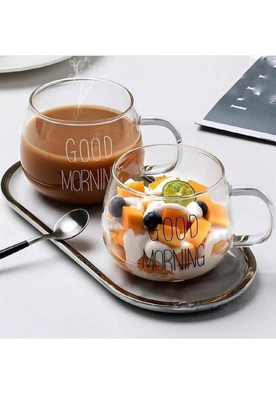 1 Li Good Morning Günaydın 400 Ml Borosilikat Cam Kupa Şeffaf