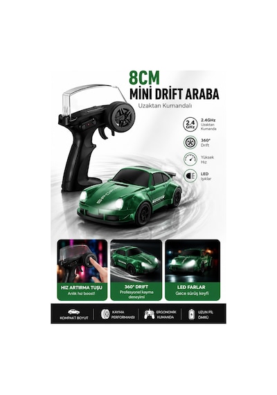 8cm 1:64 Ölçek Uzaktan Kumandalı Drift Araba Led Işıklı Şarjlı Oyuncak Yeşil