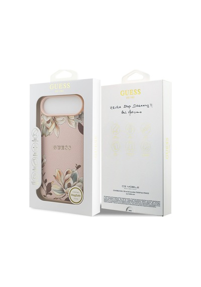 Apple Uyumlu iPhone 17 Air Kılıf Guess Lisanslı M-safeli Taneli Çiçek Tasarımlı Metal Yazı Logolu Pembe Pembe