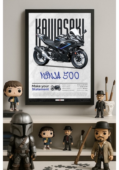 Kawasaki Ninja 500 Siyah Ahşap Çerçeveli Poster, Dekoratif Motosiklet Duvar Tablosu