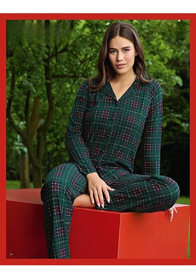 Pijamoni Kadın Süet Önden Düğmeli Likralı Pijama Takımı 4 - 1 Adet 001