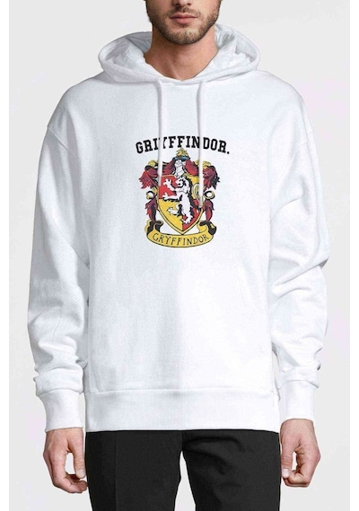 Grıyffındor Baskılı Beyaz Erkek Örme Kapşonlu Sweatshirt