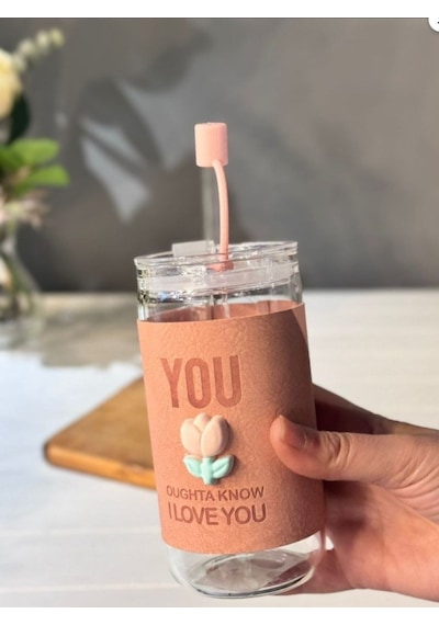 Minnoş 350ml Cam Pipetli Bardak Kapaklı Süet Kılıflı Soğuk Kahve Smoothie Sunum Bardağı C