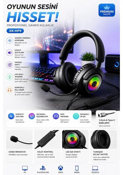 Oyuncu Kulaklığı Mikrofonlu Rgb Led Işıklı 3.5mm Type-c Pc Ps Xbox Uyumlu