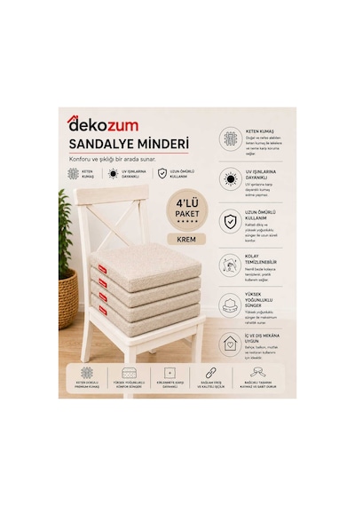 Comfort Plus Sandalye Koltuk Minderi 40x40 Bağcıklı Fermuarlı Yıkanabilir Balkon Bahçe Minderi 4 Lü Krem 4 Lü
