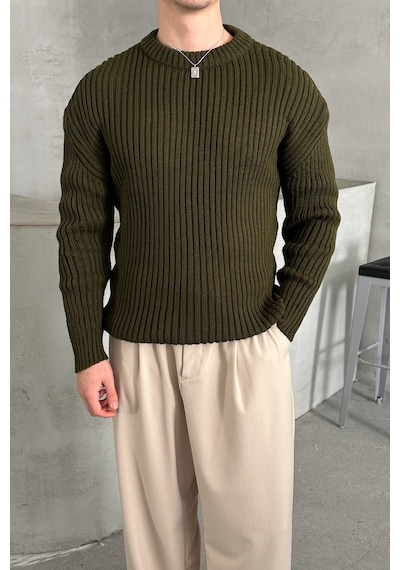 Erkek Fitilli Örme Oversize Kazak Haki