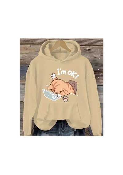 Herkesemoda I'm Ok Kedi Baskı Detaylı Kapüşonlu Sweatshırt Bej Bej