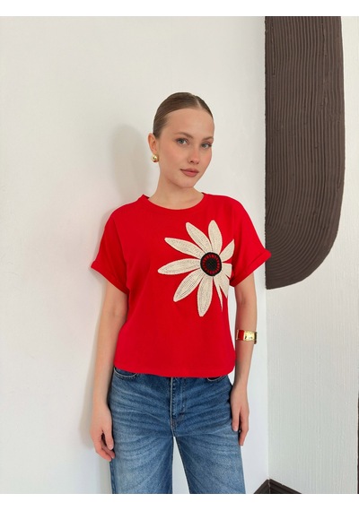 Verymoda Çiçek Detaylı Tişört D2910 Kirmizi