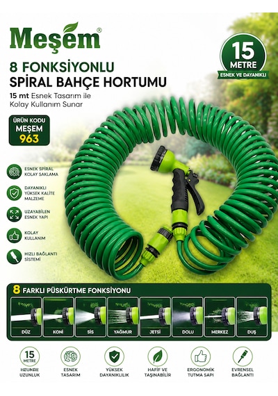 Meşem 8 Fonksiyonlu Spiral Bahçe Hortumu 15 Mt Esnek Tasarım İle Kolay Kullanım Sunar Kod :963