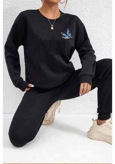 Uyguntarz Unisex Blues Butterfly Baskılı Bisiklet Yaka Eşofman Takımı Siyah