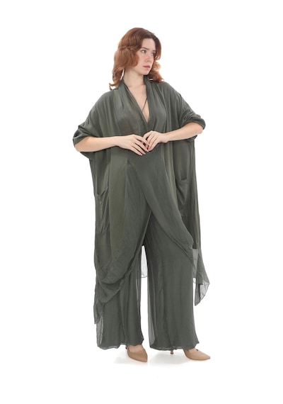 Bohem Stil Italyan Ipek Detaylı Oversize Kap Bluz- Wes Pantolon Takım-8789 Haki