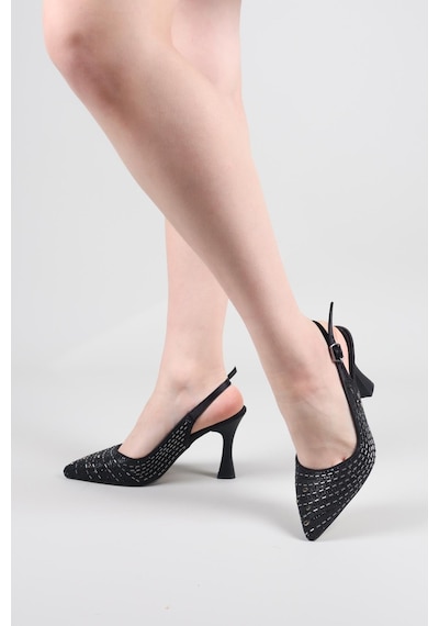 Birikon Melk Damla Taşlı Arka Açık Stiletto Siyah-8511 Siyah