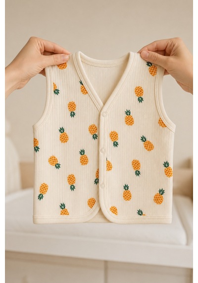 The Two Unisex Bebek Bej Ananas Desenli Örme Yelek 6-24 Ay Pamuk